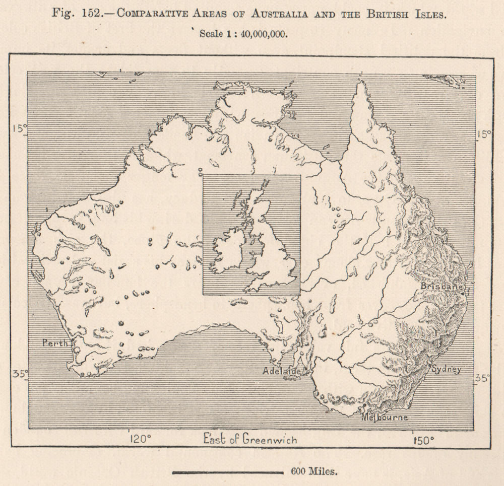 Comparative Areas of Australia and the British Isles 1885 old antique map